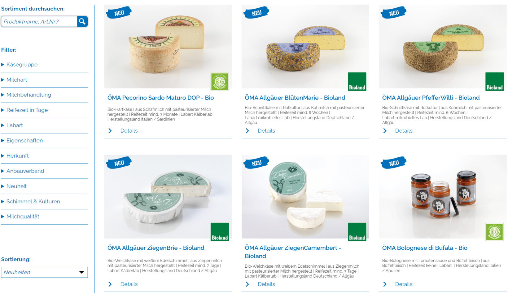 Produktfilter B2B Shop Molkereiprodukte