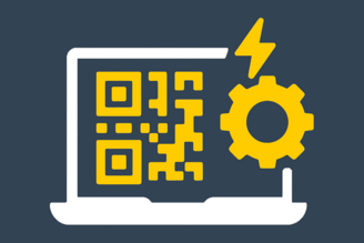 Das Bild zeigt einen Laptop mit einem QR-Code und einem Zahnradsymbol, was auf digitale Technologie und Anpassungsmöglichkeiten hinweist.